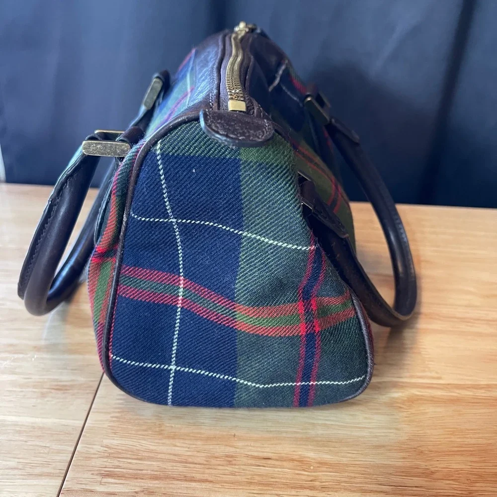 J. Crew Plaid Wool Leather Satchel Bag Green Navy Brown Tartan Doctor Bag